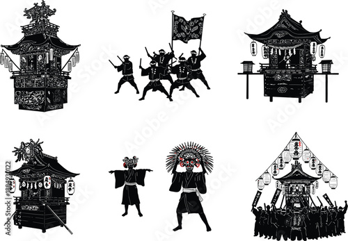 Japanese Festival Silhouette Set Traditional Mikoshi Masks Samurai Parade Shrine Culture Isolated Black Vector Illustration Collection Detailed Cultural Heritage Art