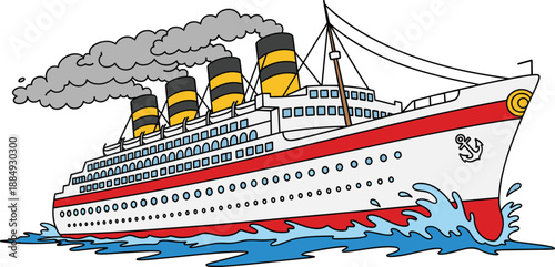 Cartoon cruise ship sailing ocean waves, vintage passenger liner illustration, maritime travel concept, transportation design, sea journey, isolated white background