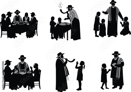 Jewish Family Holiday Silhouette Set Rabbi Blessing Children Shabbat Dinner Tradition Isolated Black Vector Illustration Collection Religious Cultural Festive Scene