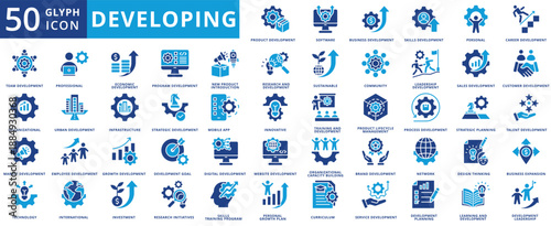 Developing icon set flat containing product, development, software, business, skills, personal, career, team, organizational, market, technology, professional, economic, program, new product