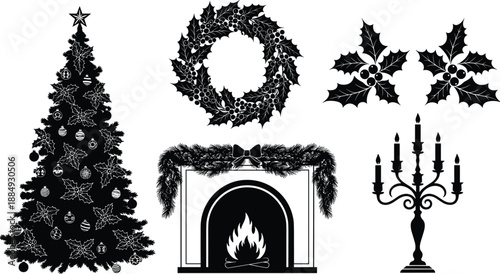 Christmas holiday silhouette set with tree, wreath, holly leaves, fireplace, candlestick decorations, black white vector illustration for winter festive design