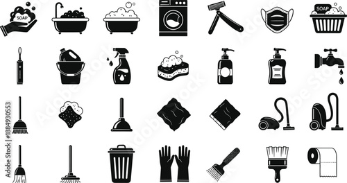 Cleaning and hygiene icons set, household sanitation tools, laundry, bathroom supplies symbols collection, solid black vector illustration