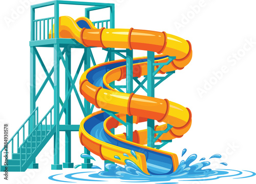 Colorful water park spiral slide illustration, summer fun attraction, aquapark playground equipment, splash pool activity, bright flat vector design