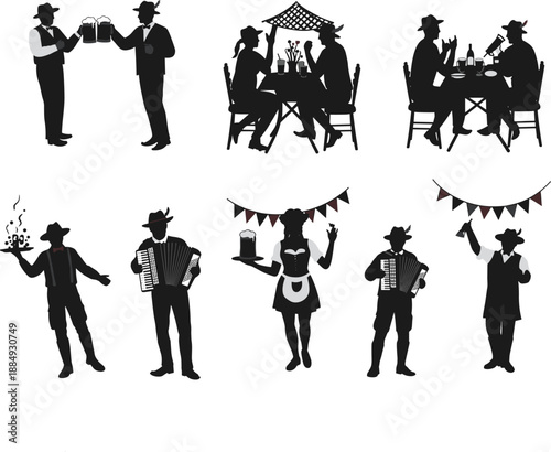 Oktoberfest Bavarian People Silhouette Set Celebrating Beer Festival With Musicians Dancers Traditional Clothing Isolated Black Vector Illustration