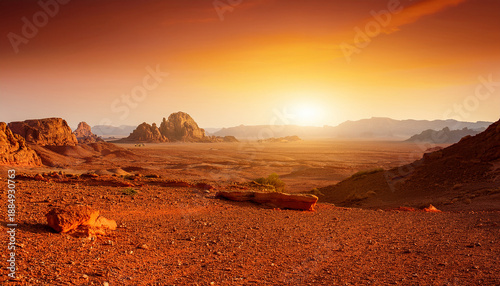 Martian Landscape With Orange Sky And Sun Barren Terrain Red Planet Surface Red Sandstone Rock Formation Geology Scenery Environment Exploration Desert Alien Land Vista