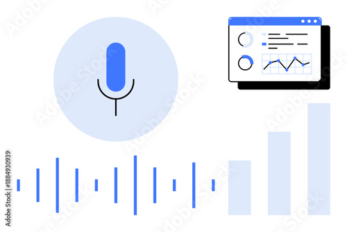 Voice recognition concept. Voice recognition technology displayed with sound waves, microphone icon, and analytic dashboard. Voice processing for AI, speech analysis, audio tech, smart devices, data