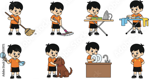 Cute cartoon boy doing household chores, cleaning, sweeping, mopping, ironing clothes, washing dishes, pet care, kids responsibility illustration