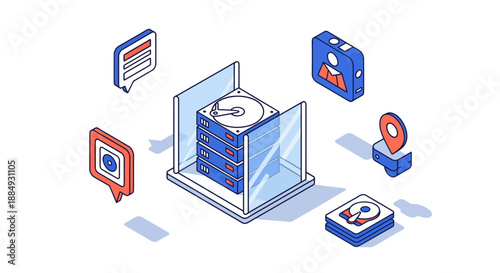 Data server storage system with security glass protection in digital world.