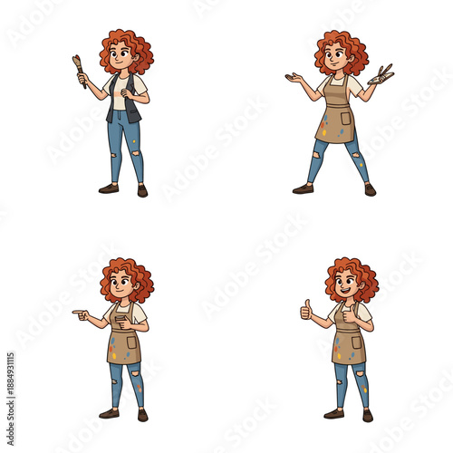 Cartoon redhead woman in various artistic poses and outfits