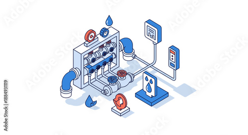 Detailed illustration of water filtration system with digital displays and pipes.