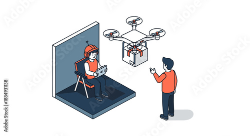 Drone delivery service concept with operator and recipient.