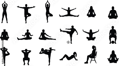 Yoga and fitness silhouettes collection, meditation poses, stretching exercises, sports activities, healthy lifestyle, balance training, wellness illustration set