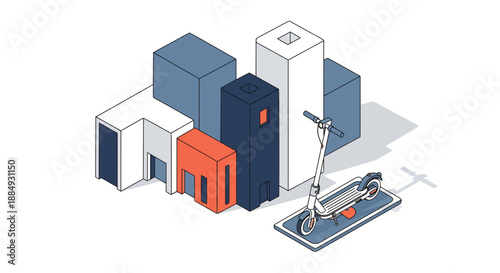 Electric scooter and modern buildings urban transportation and lifestyle concept.