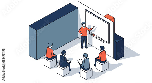 Instructor teaching a group of students in a classroom setting with a whiteboard.