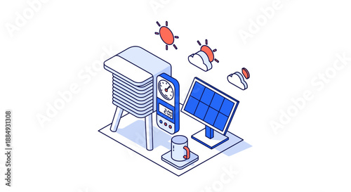 Isometric illustration of weather station solar panel and meteorological instruments.