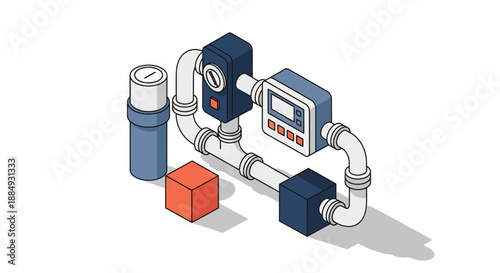 Isometric view of water flow meter and connected pipes for industrial use.