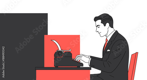Man in suit typing on a vintage typewriter focused on work.