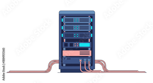 Modern data server rack with connected cables and digital displays.
