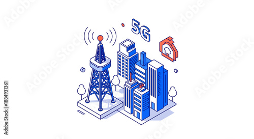 Modern 5G technology tower transmitting data to city buildings for fast internet.