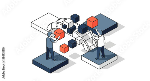 Billede på lærred Teamwork and collaboration concept with people building blocks together