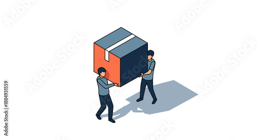 Two individuals carefully carrying a large heavy cardboard box together teamwork.