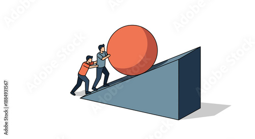 Two individuals collaboratively pushing a large spherical object up an inclined plane.