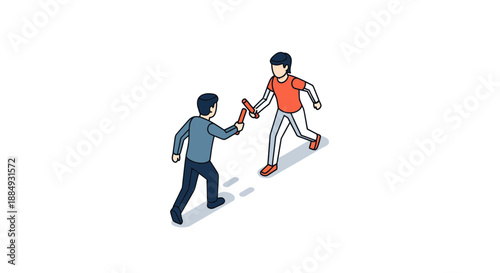 Two individuals exchanging an object possibly a transaction or interaction.