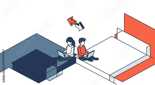 Two individuals working on laptops sharing a space and connected digitally.