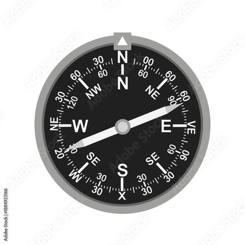 Compass showing East direction isolated on white background