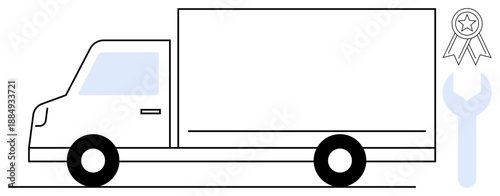 Logistics, quality assurance, vehicle repair, transportation service, fleet management, delivery systems. Graphic outline of a truck, wrench and badge. Logistics and vehicle repair visualization