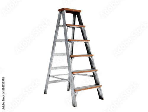 Old wooden stepladder isolated on white background for home repair and construction
