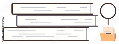Education, research, knowledge management, information organization, academic study, data analysis. Three stacked books, magnifying glass document folder. Education and research focus