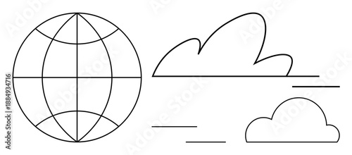 Global connectivity, communication, weather forecasting, digital networks, cloud computing, internet. Line art of a globe and clouds. Global connectivity and communication concept