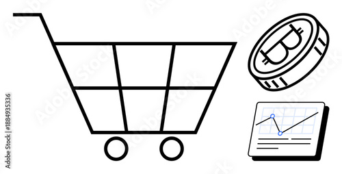 Shopping cart alongside bitcoin coin and data chart representing online shopping, cryptocurrency, and analytics. Ideal for finance, technology, e-commerce, investment, innovation, digital economy