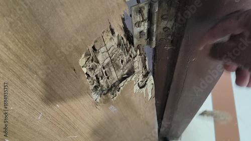 A damaged wooden door. A large, jagged hole reveals the crumbly, white texture inside, indicating termite infestation. The surrounding wood is light brown, while the interior is hollow and rotten.