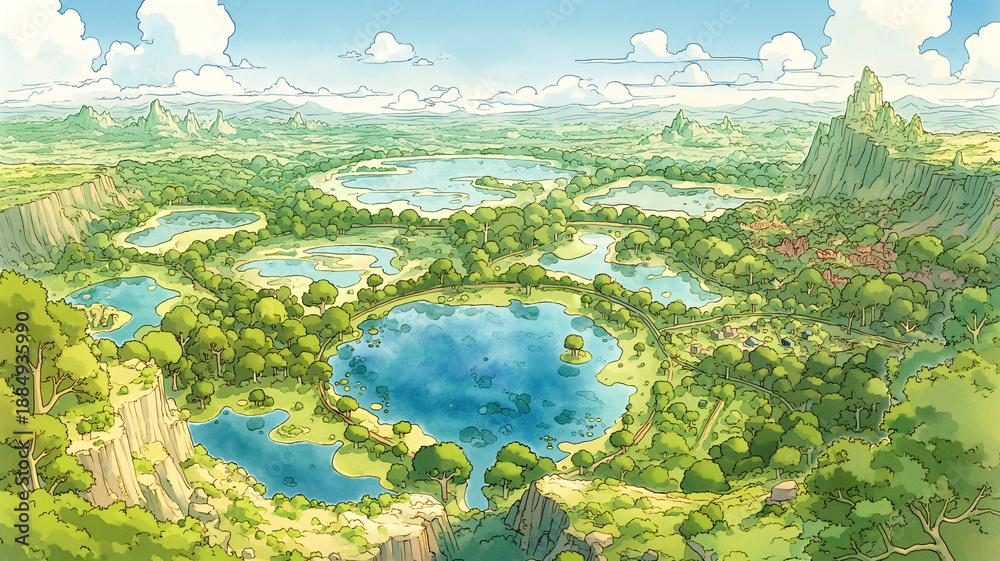 Fototapeta premium 美しいゲーム内マップ風の背景イラスト｜RPG・アドベンチャー・異世界ファンタジー・冒険・魔法・神殿・秘境・動画演出に最適