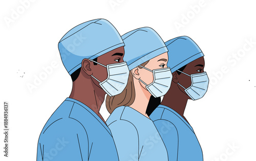 Diverse Medical Staff Wearing Face Masks Illustration with Multiracial Healthcare Workers for Hospital Safety Design