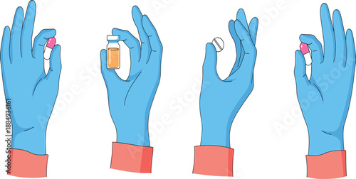 Medical Gloved Hands Holding Pills and Medicine Bottle Icon Set for Healthcare Pharmacy and Treatment Design