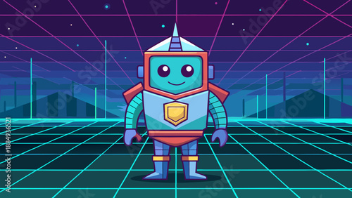 A cute vintage tin robot character explores a futuristic space landscape at night in this retro metal toy illustration isolated on white