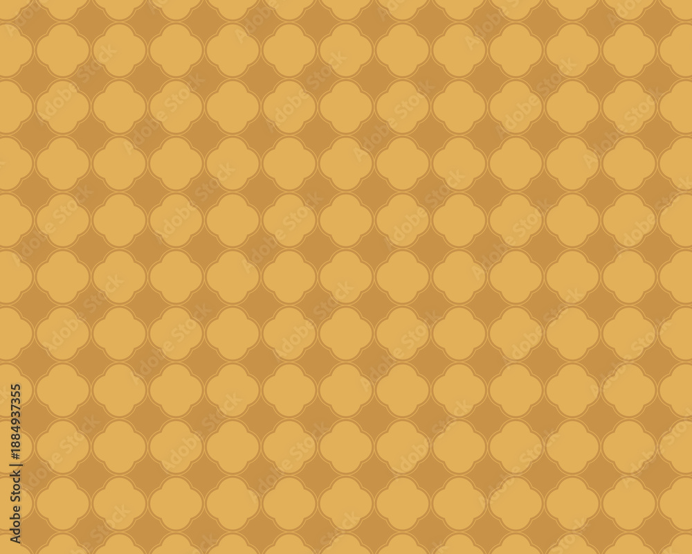 Fototapeta premium 黄金色のクアトレフォイル幾何学模様のシームレスな背景素材。ラグジュアリーな壁紙や伝統的なモロッコタイルのデザイン、パッケージ、和モダンな装飾や招待状のバックグラウンドに最適なエレガントなリピートパターン。
