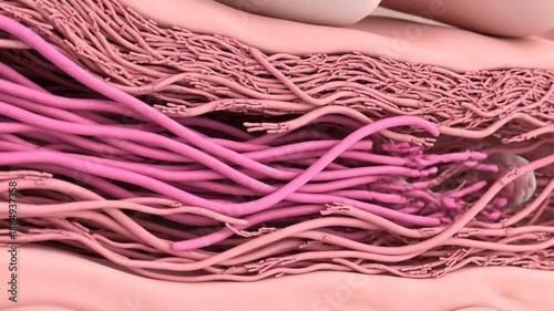 Wallpaper Mural Dynamic 3D animation showcasing cellular interaction and fiber integration within a complex biological tissue structure. Torontodigital.ca