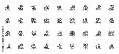 Occupation icon set. Vector job profession icons. Includes carpenter, chef, doctor, engineer, firefighter, lawyer, architect and more. Editable thin line illustrations.