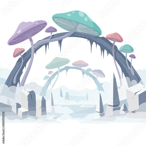 Enchanting surreal fantasy landscape with whimsical glowing mushrooms arching over a mystical icy mist