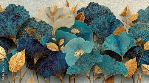 Stunning wall art of stylized flowers in teal, blue, gold, and white hues