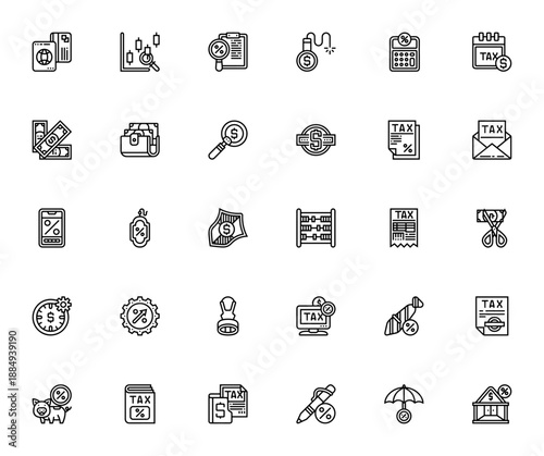 Taxation icon set. Financial vector symbols for tax, income, debt, property, business, and more. Minimal line icons pack.
