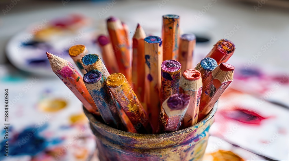Obraz premium A Collection of Colorful Art Supplies in a Container with Watercolor Splatters.