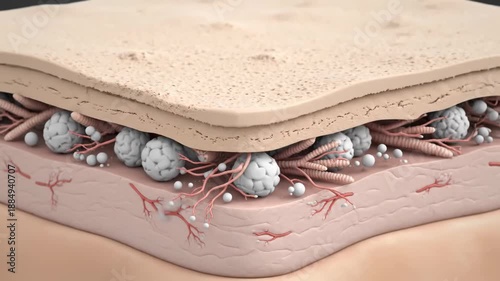 Wallpaper Mural 3D medical animation depicting cellulite formation in skin layers, showing fat cells, connective tissue, and blood vessels. Torontodigital.ca