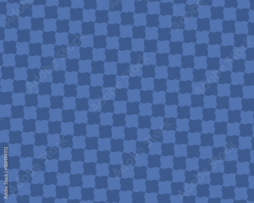 青色の歪んだチェック柄のシームレスな背景素材。現代的なウェーブのかかった市松模様のデザインで、Y2Kスタイルのサイケデリックなファッション、おしゃれなテキスタイル、デジタルアート、クリエイティブなグラフィック広告に最適な抽象的なバックグラウンド。