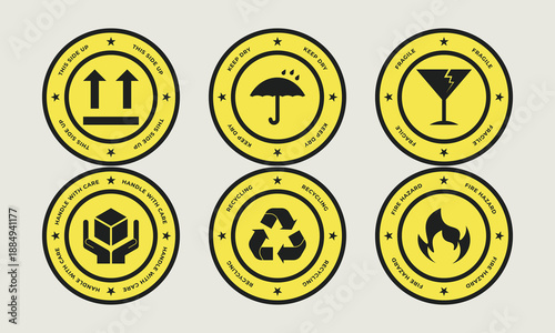 Vibrant Yellow Round Shipping Labels Set with Black Icons: Fragile, Flammable, Recycle, Handle Carefully, Waterproof, This Side Up