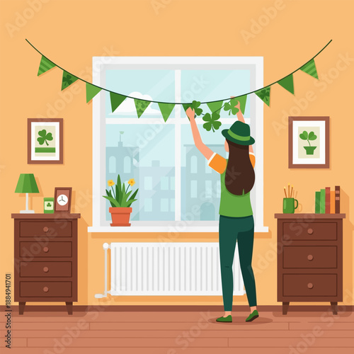 Woman decorating room for St Patrick's Day with shamrock garland